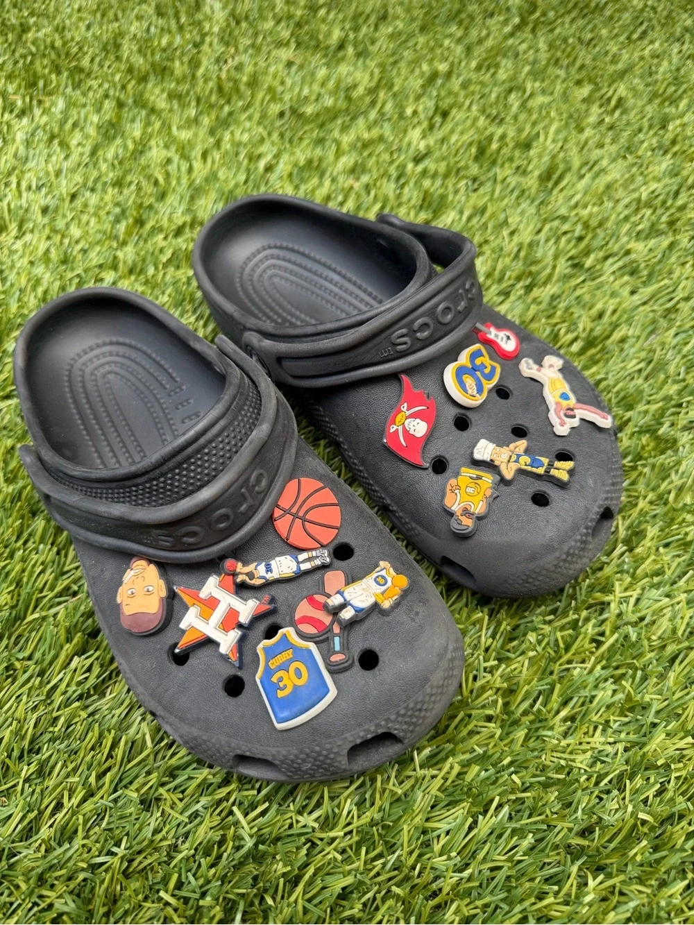 CROCS Kids Black Clog Sandals with Sports Charms